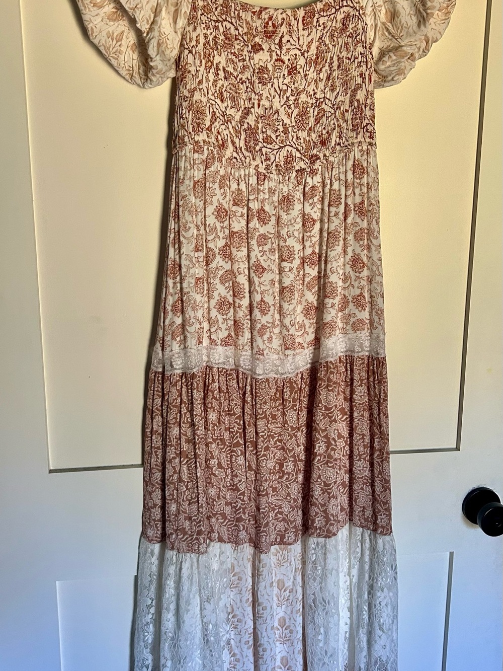 Altar'd State Cream Dress with brown and rust Floral Print and lace medium - Picture 2 of 5